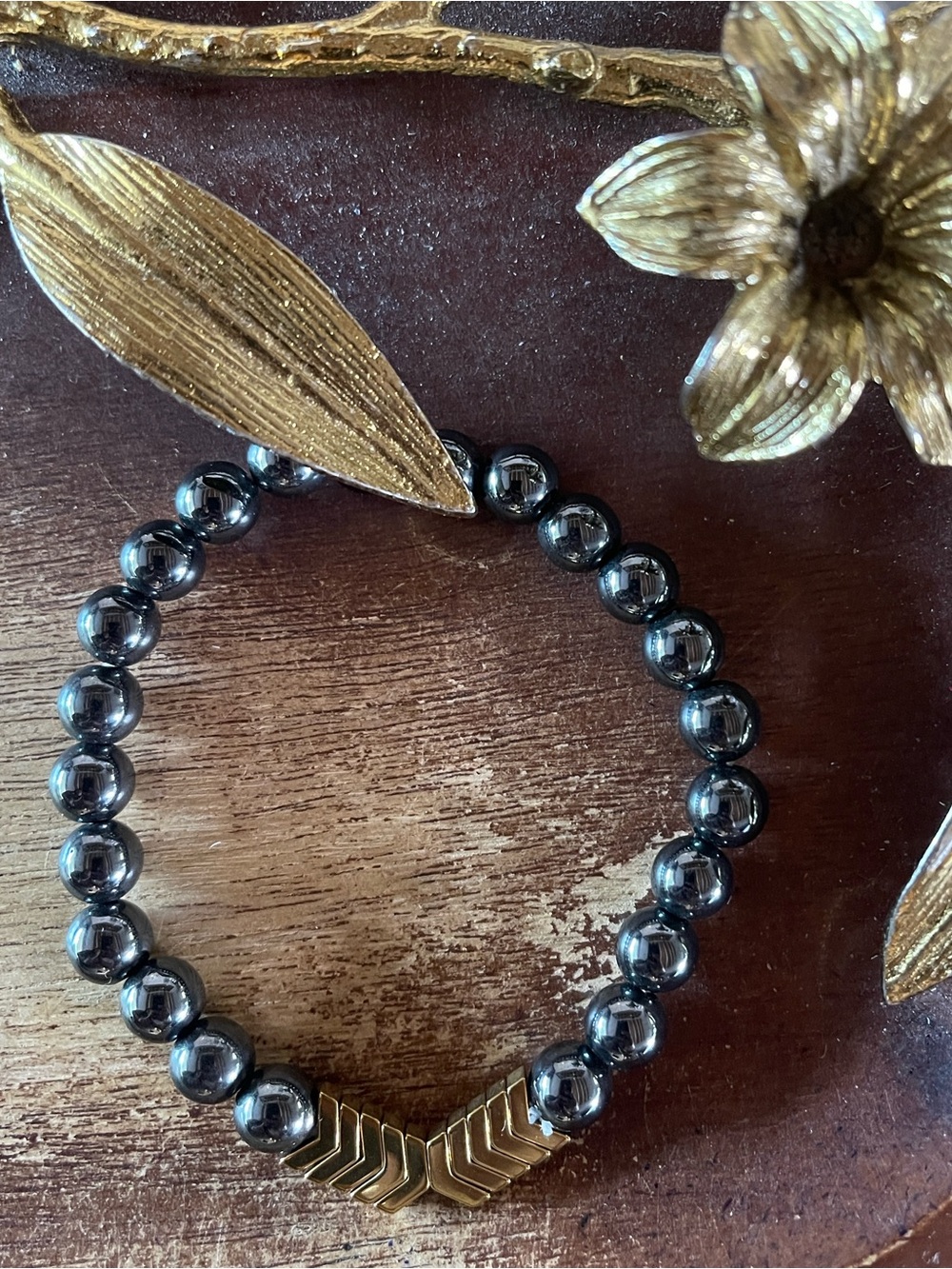Hematite Bead Bracelet with Gold Chevron Accent - Women's Jewelry
